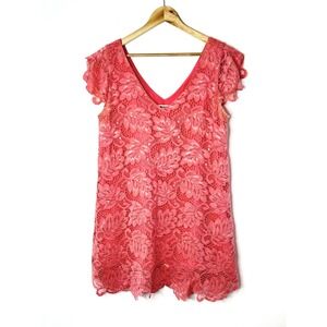 BB Dakota Coral Lace Flutter Sleeve V Neck Shift‎ Dress Women's Size L